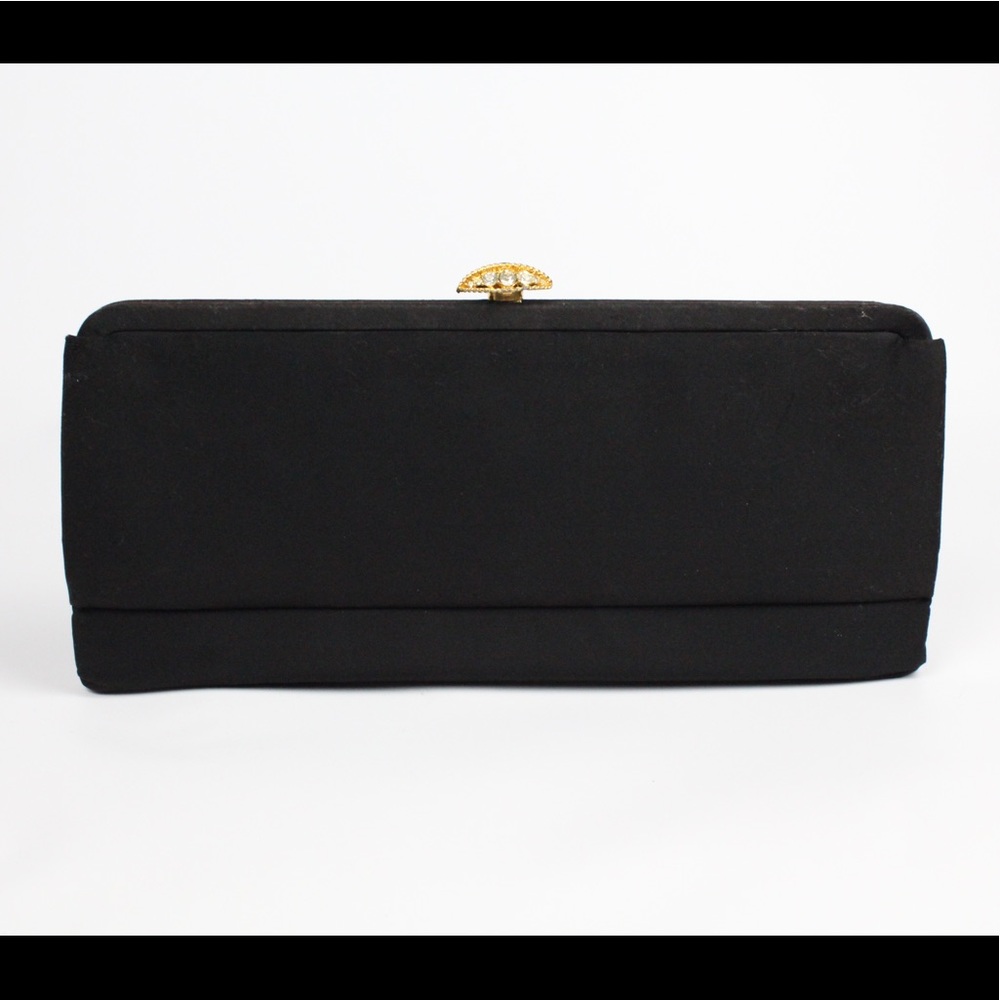 Vintage Lewis black satin long clutch rhinestone Host Pick!